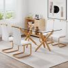 1 table and 4 chairs. Glass dining table with 0.39 "tempered glass tabletop and wooden metal legs. White PUleather high backrest soft padded side chai
