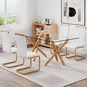 1 table and 4 chairs. Glass dining table with 0.39 "tempered glass tabletop and wooden metal legs. White PUleather high backrest soft padded side chai
