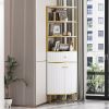 74.8" Tall Modern Corner Bookshelf,Fan-Shaped bookcase with 1 Drawer and 2 Doors ,Wooden Standing Corner Shelf with Gold Metal Frame for Living Room,H