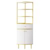 74.8" Tall Modern Corner Bookshelf,Fan-Shaped bookcase with 1 Drawer and 2 Doors ,Wooden Standing Corner Shelf with Gold Metal Frame for Living Room,H