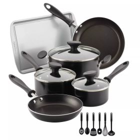 15pc Aluminum Nonstick Cookware Set with Prestige Tools (Color: BLACK)